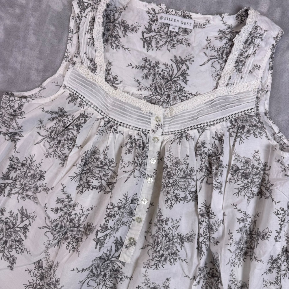 Eileen West Floral Toile Cotton Maxi Nightgown Womens M White Lace Sleeveless